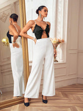 Oxana Designer Women's Black White Lace Satin Wide Leg Flared Pants Contrast Spaghetti Strap Jumpsuit Elegant Party, Holiday, New Year, Thanksgiving